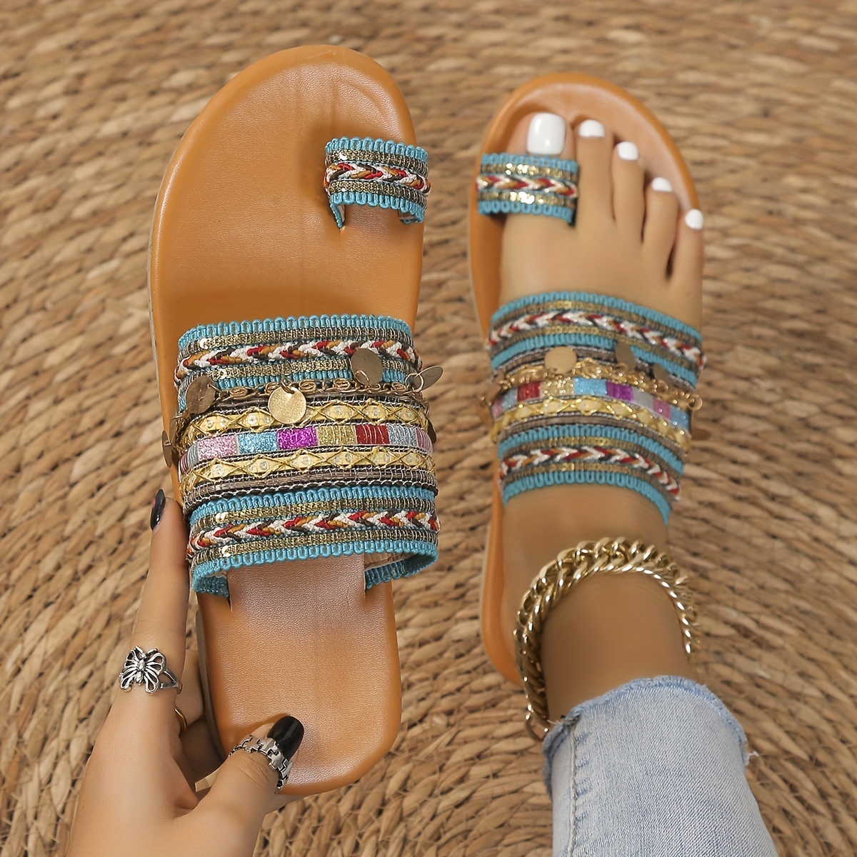 Ethnic boho best sale toe ring sandals