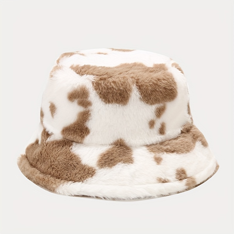1pc Thickened Warm Plush Bucket Hat With Faux Fur And Cow Pattern For Men  Women Autumn Winter - Jewelry & Accessories - Temu