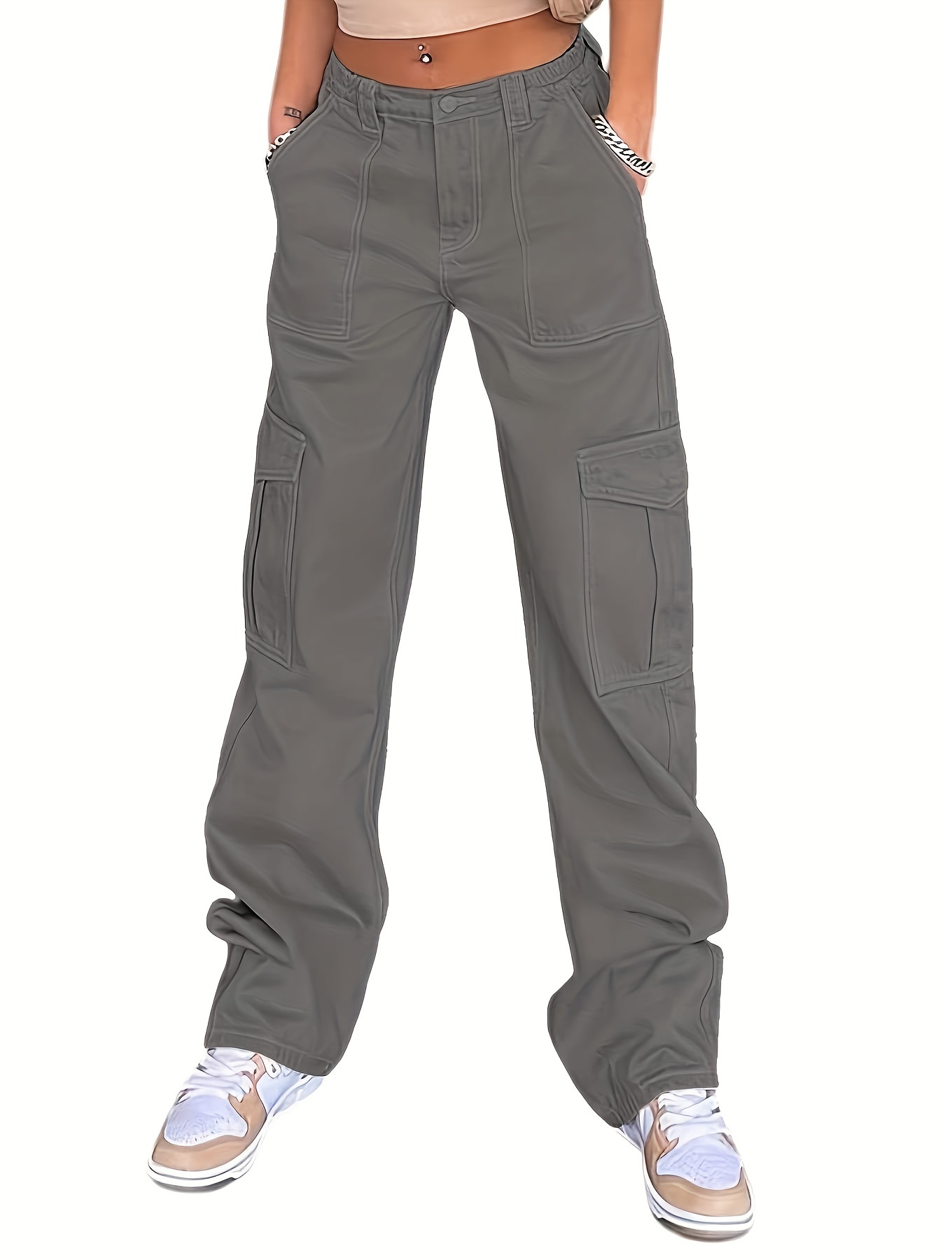 Loose Fit High Waist Cargo Pants, Wide Legs High Rise Flap Pockets Non ...