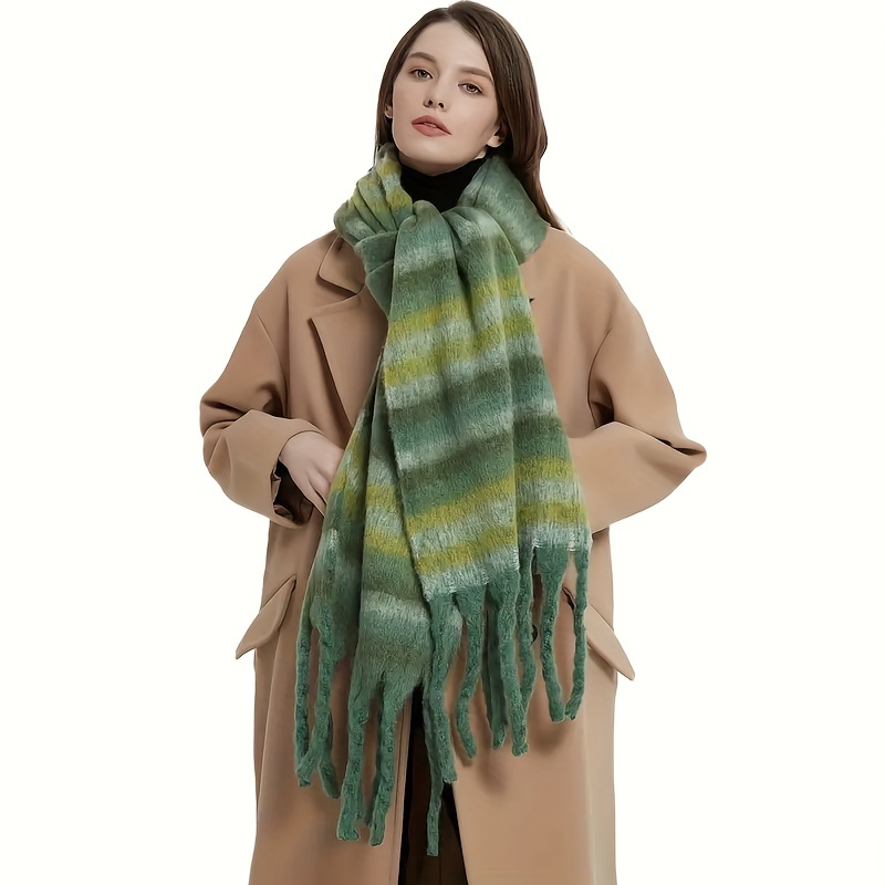 Contrast Color Plaid Striped Chunky Scarf Thickened Soft - Temu