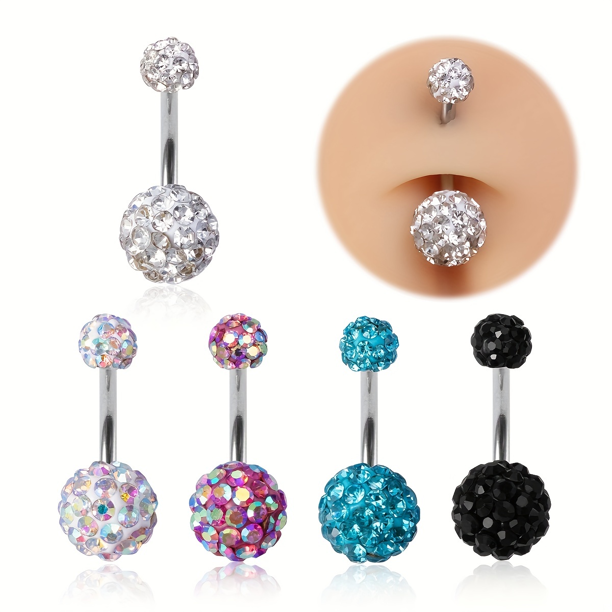 Colorful Diamond Ball Belly Button Ring Stainless Steel Navel Stud Body  Piercing