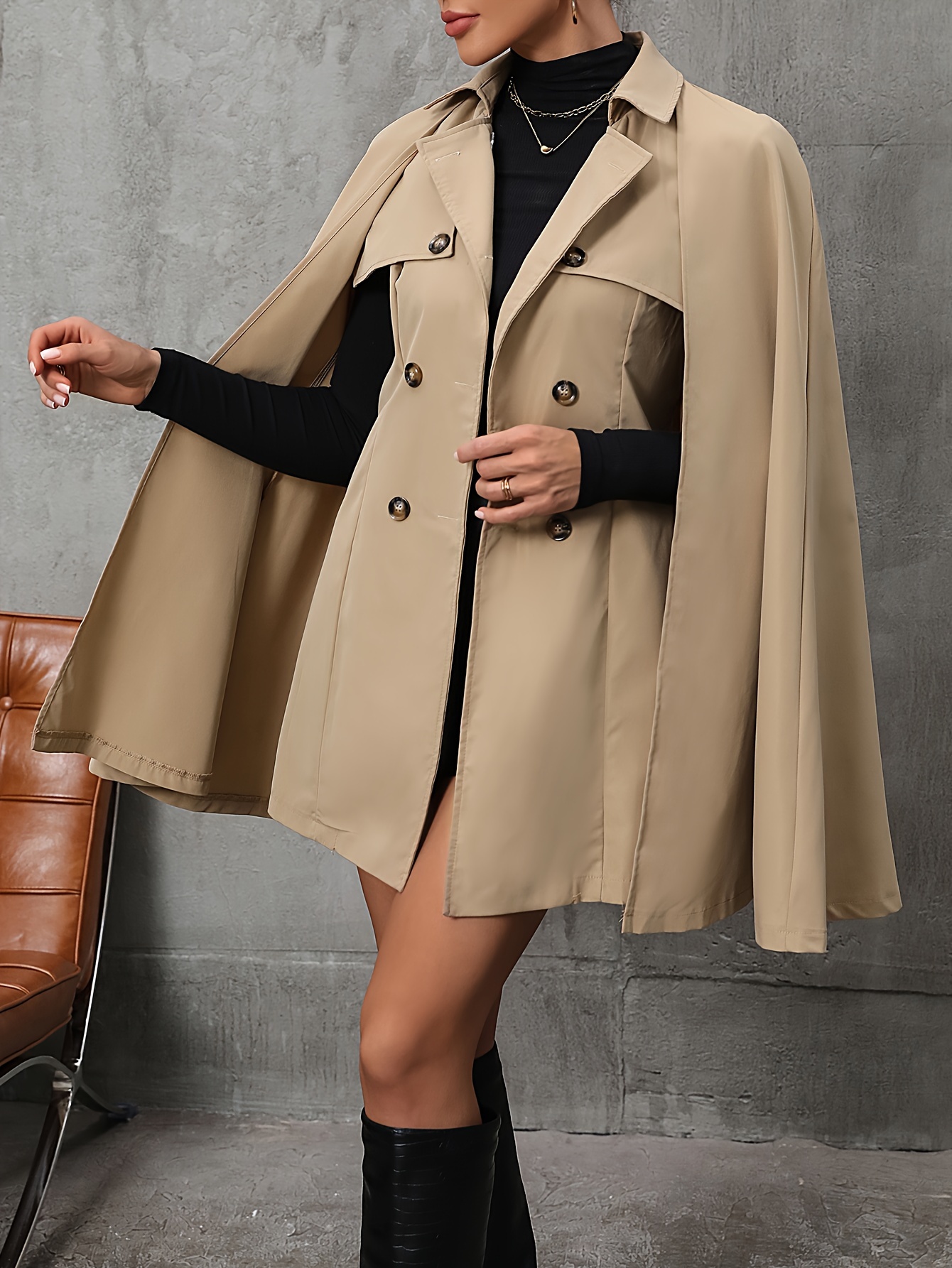 Belted Double Breasted Trench Coat, Casual Lapel Neck Cape Sleeve