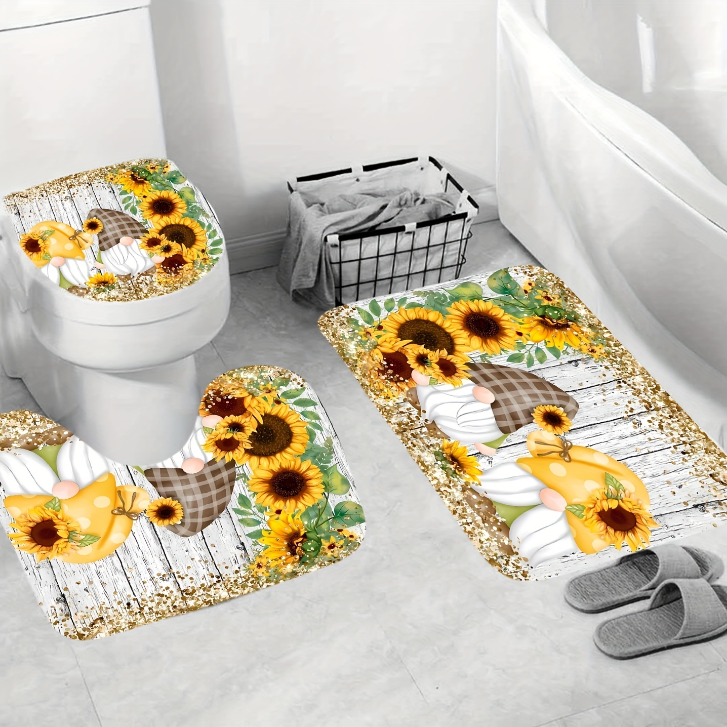 Rustic Planks Bee Gnomes Watercolor Sunflower Shower Curtain Set