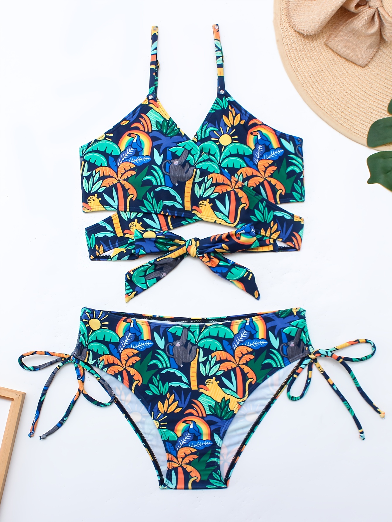 Tropical Jungle Print Criss Cross 2 Piece Set Bikini, V Neck Spaghetti  Strap Tie Back Stretchy Swimsuits, Women's Swimwear & Clothing