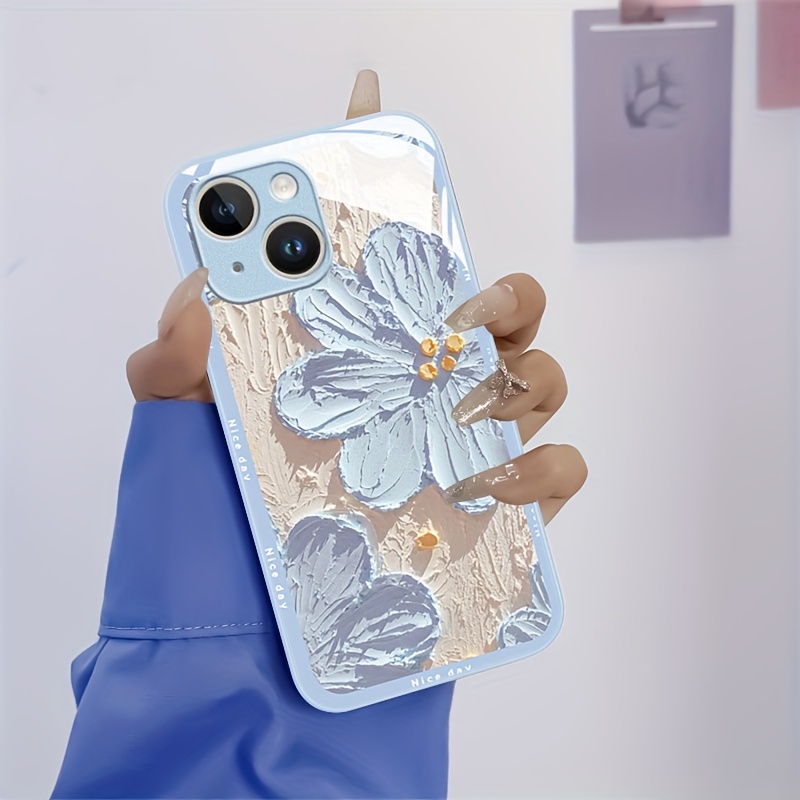 

Creative Oil Painting Blue Flower Pattern Phone Case Suitable For 15, 14, 13, 12, 11 X/xs Xr Xs Pro Max Plus Far Blue Metallic Paint Silicone Glass Straight Edge New All Inclusive Protective Case