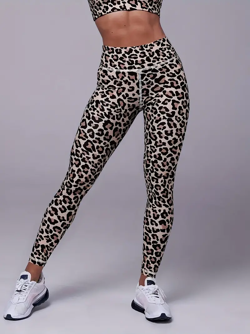 Leopard Print Sports Leggings, Outdoor Casual Workout High Waist Stretch  Skinny Running Pants, Fitness Tummy Control Yoga Leggings