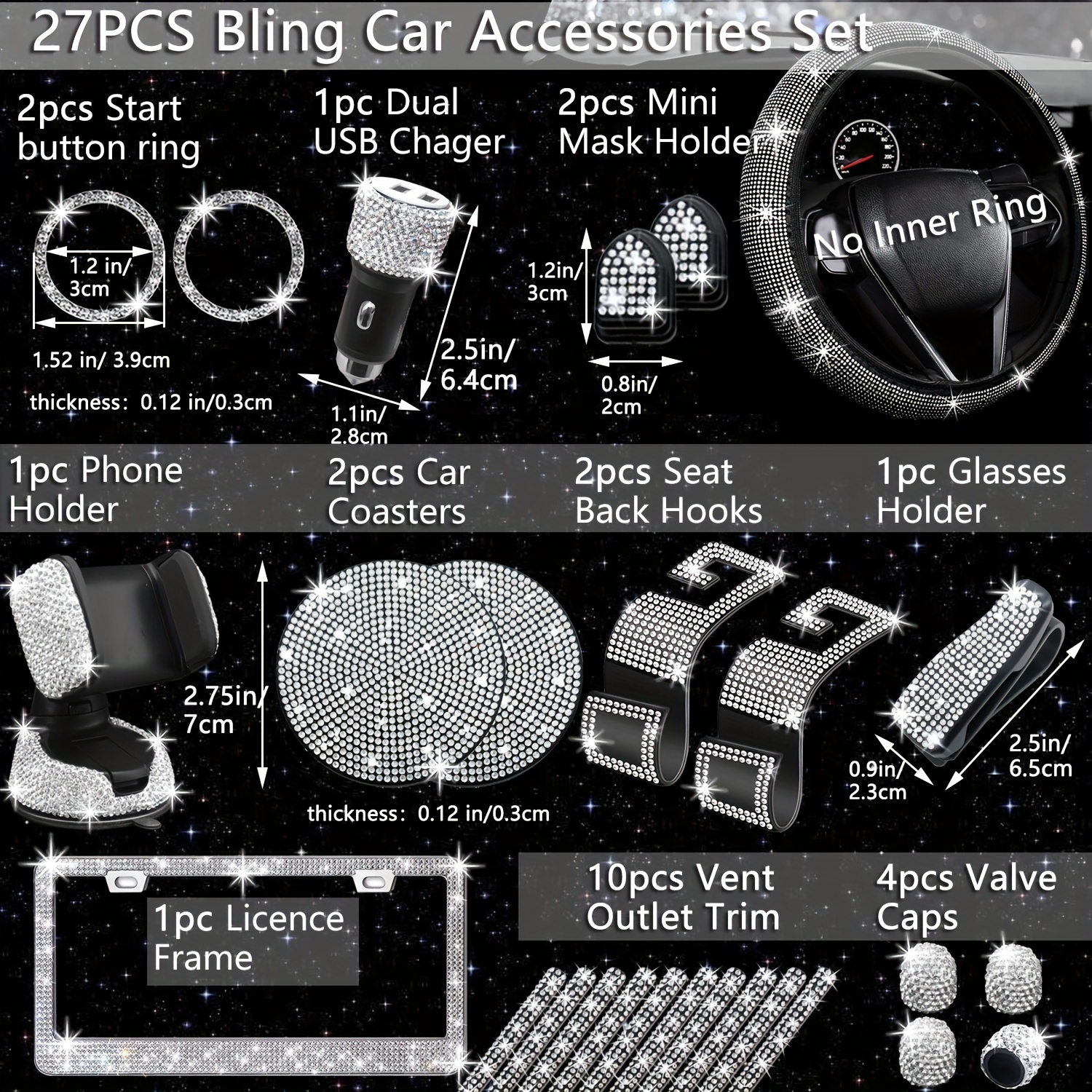 27pcs bling car accessories set for women bling steering wheel covers universal fit 15 inch bling license plate frame phone holder car coasters details 2