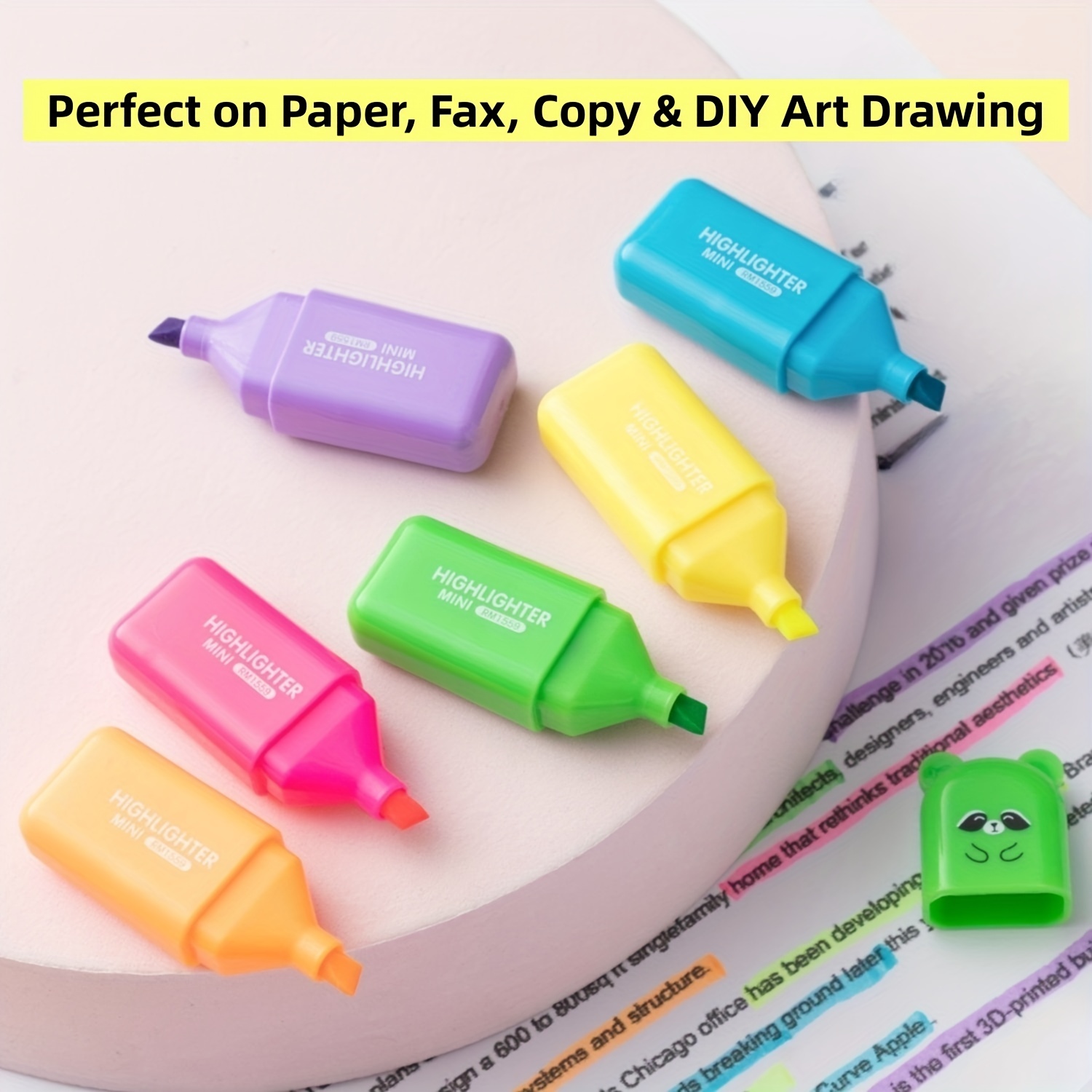 6pcs/set Tiny Bear Chisel Tip Highlighter Pen Fluorescent Colors
