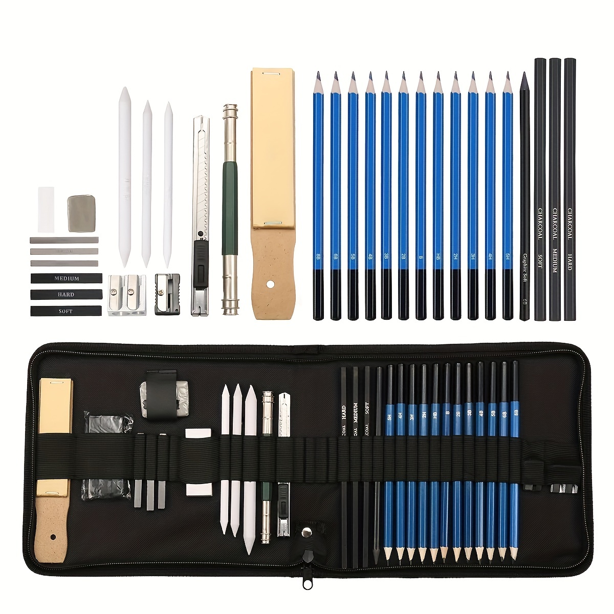 35PCS Pro Drawing Kit Sketching Pencils Set，Portable Zippered Travel  Case-Charcoal Pencils，Charcoal Stick，Sharpener，Plasticable  Plasticine,Eraser. Art