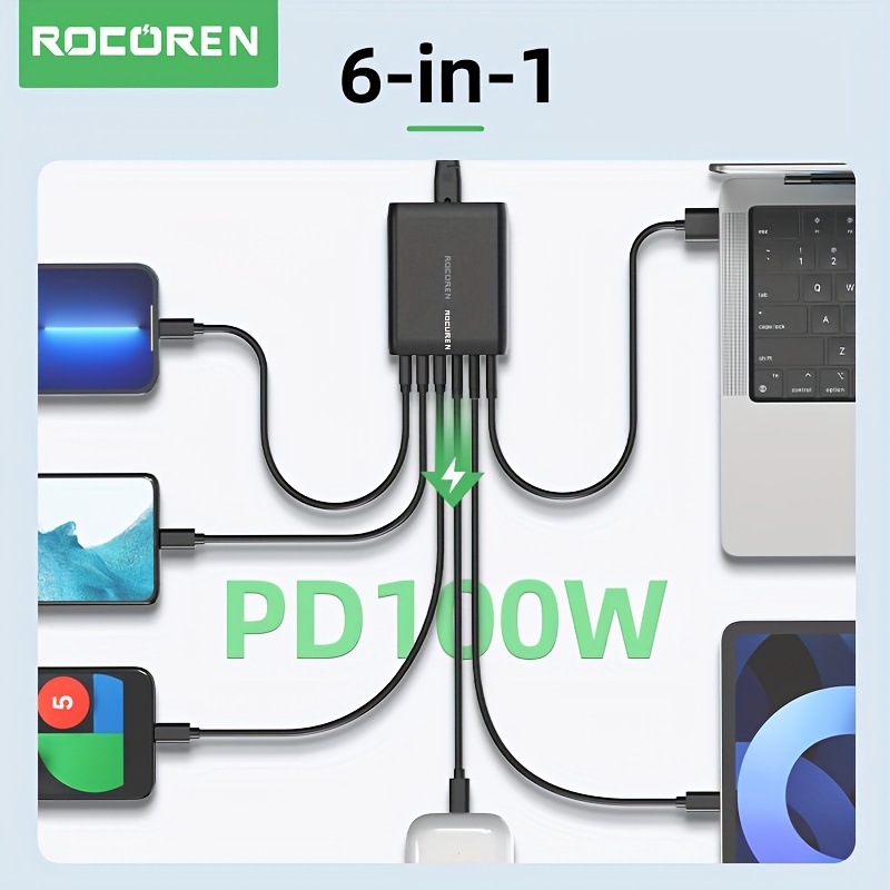 Cargador USB C, Rocoren 100W 6 puertos PD3.0 QC4.0 PPS USB C, multipuerto  con 3 USB-C+3 USB-A, cargador de pared rápido PD portátil para MacBook Air