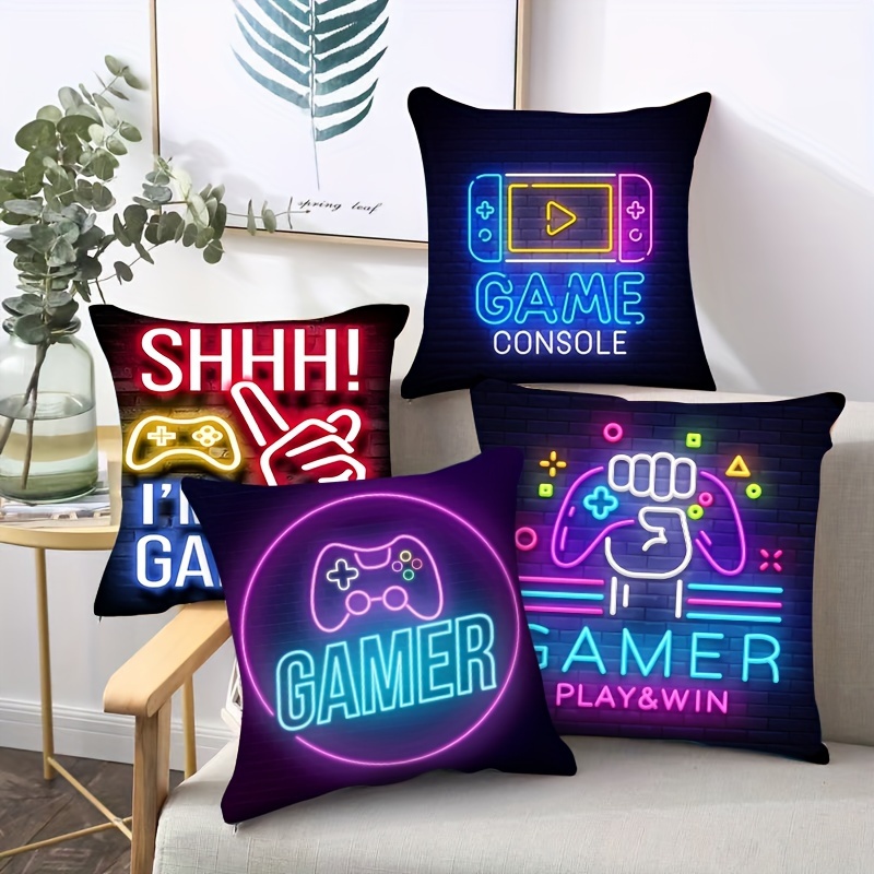 

4pcs, Neon Gamemad Pillowcase For Bedroom, Living Room, Sofa, Study And Car. Soft And Comfortable Pillowcase, Short Plush, No Pillow Core