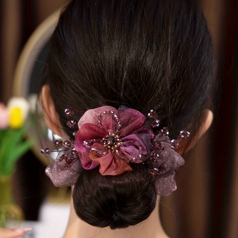 

Vintage Organza Scrunchies Flower Beads Decor Hair Tie Elegant Hair Rope Ponytail Holder Hair Ring Elegant Hair Accessories For Women