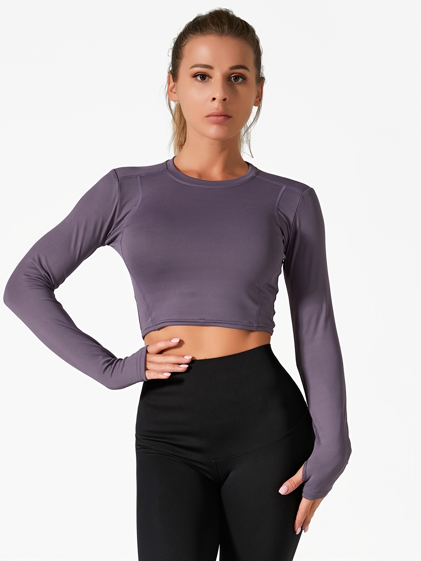 SEASUM Crop Top Sport Femme Manche Longue avec Trou pour Les Pouces,  Anti-Cellulite Yoga T-Shirt Wrap Hauts Sportswear