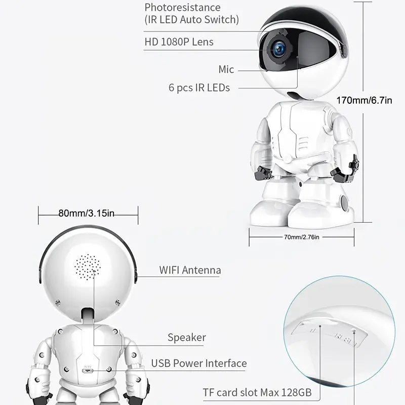 1pc mini robot 1080p wifi ip camera indoor dome auto body tracking baby monitor night vision mobile remote view security cctv camera details 8