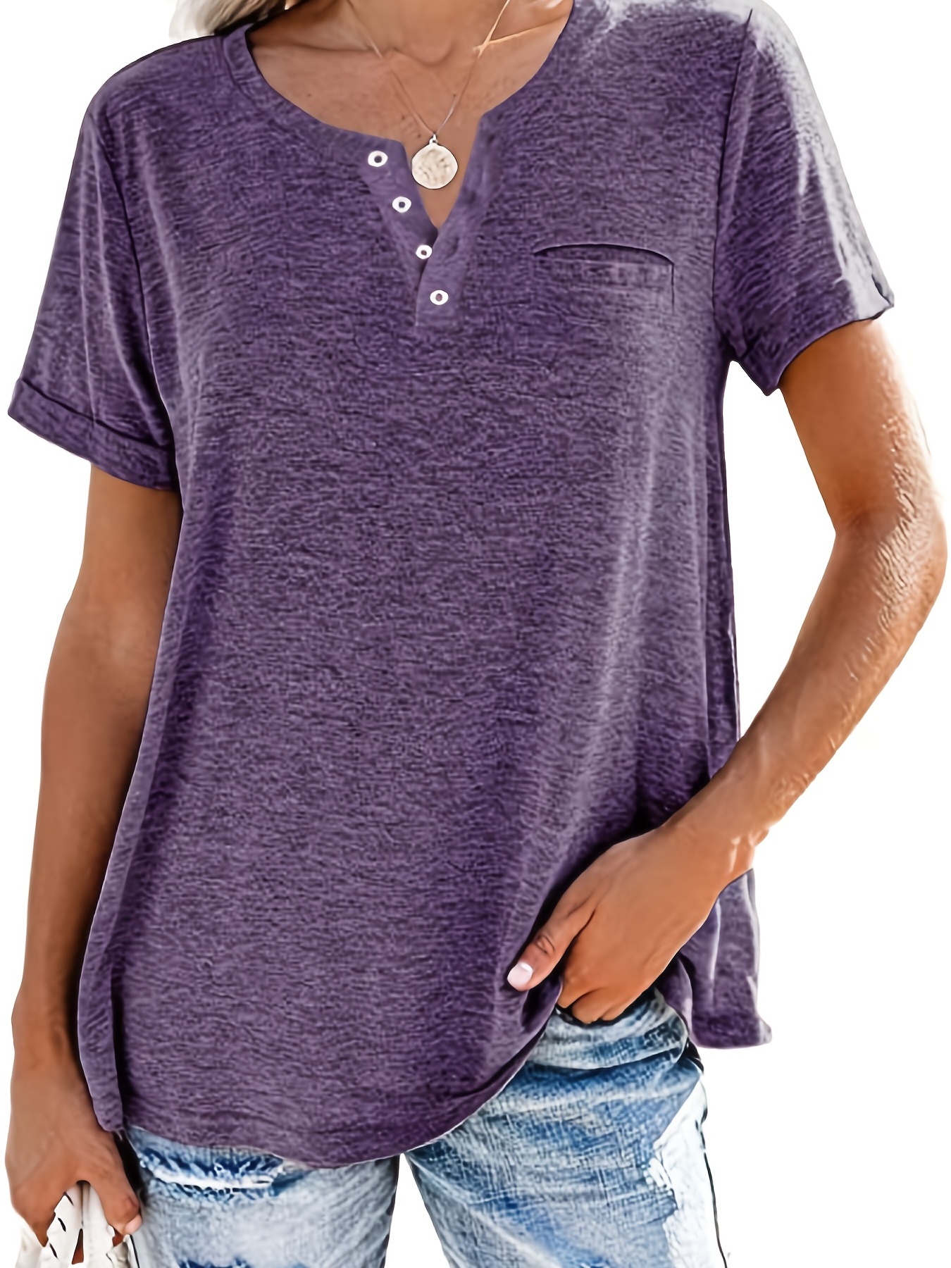 v neck button t shirt short sleeve solid t shirt casual every day tops womens clothing purple 0