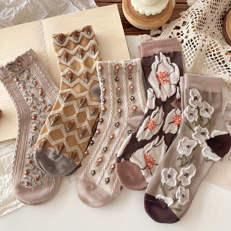 

5pcs Women' Floral Embossed Mid-calf Socks - Comfy & Cute, Casual Attire