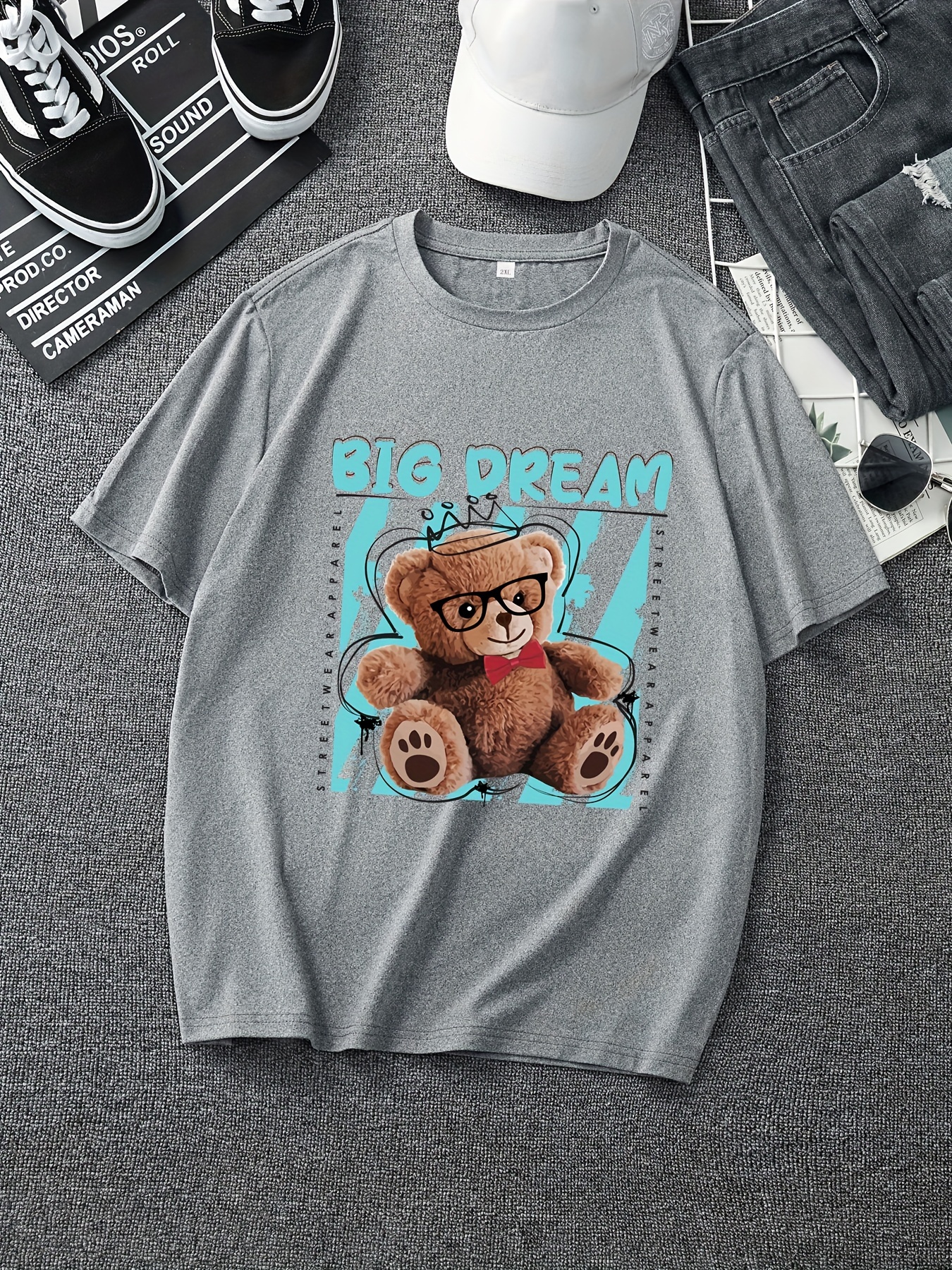 Temu 'Big Dream' Teddy Bear Pattern Print Men's Plus Size Fashion T-Shirts, Casual Graphic Tees, Men's Undershirts Tops, Men's Summer Clothes, Men's