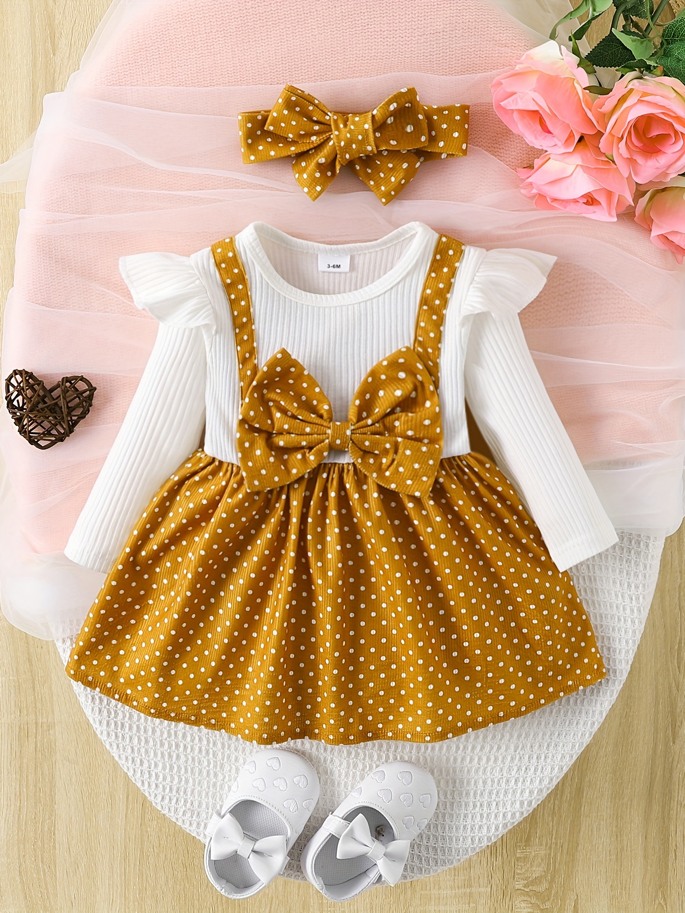 Baby Girl Polka Dots Ribbed Long-sleeve Bowknot Faux-two Dress
