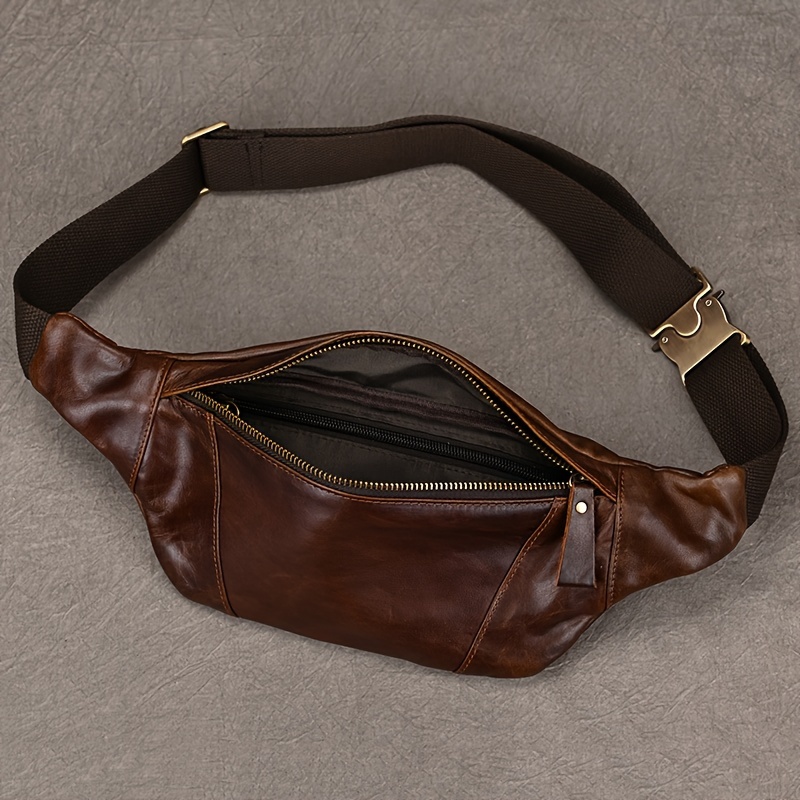 Black Fanny Pack For Men Genuine Cowhide Leather Waist Bag Metal