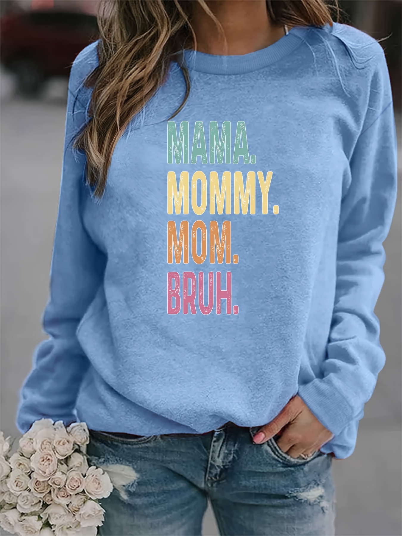 Mama Mommy Letter Print Sweatshirt Casual Long Sleeve Crew - Temu