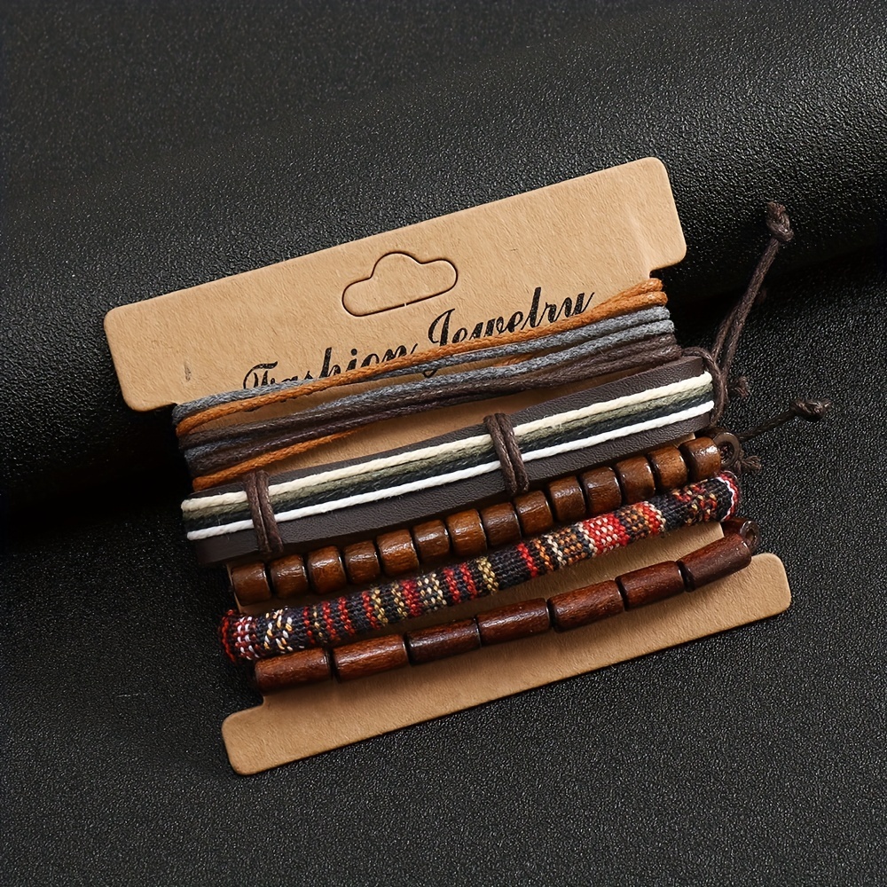5pc Boho Style Braided Bracelet Set, Vintage Leather
