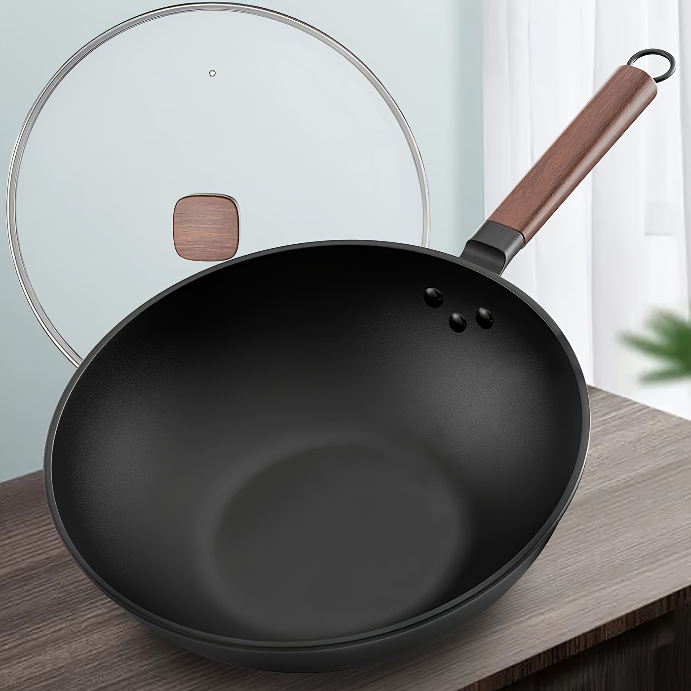 Sartén para wok con tapa, sartén antiadherente de aluminio con tapa,  utensilios de cocina de inducción de 11 pulgadas, woks y sartén con  indicador de
