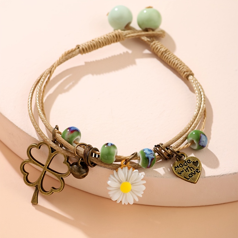 Daisy Heart Bead Charm Bracelet