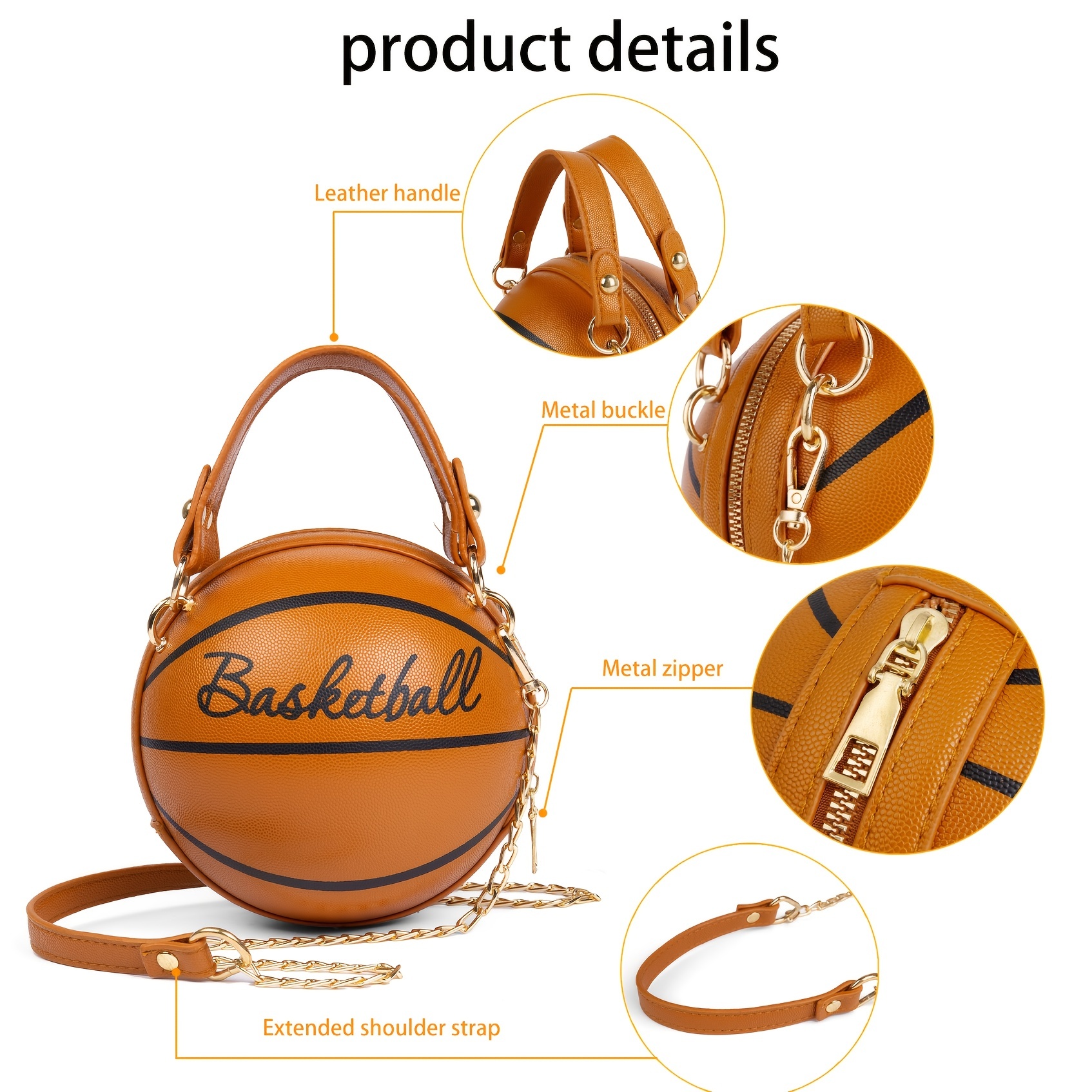 Basketball Shaped Crossbody Bag, Trendy Y2K Chain Shoulder Bag, PU Top  Handle Circle Purse
