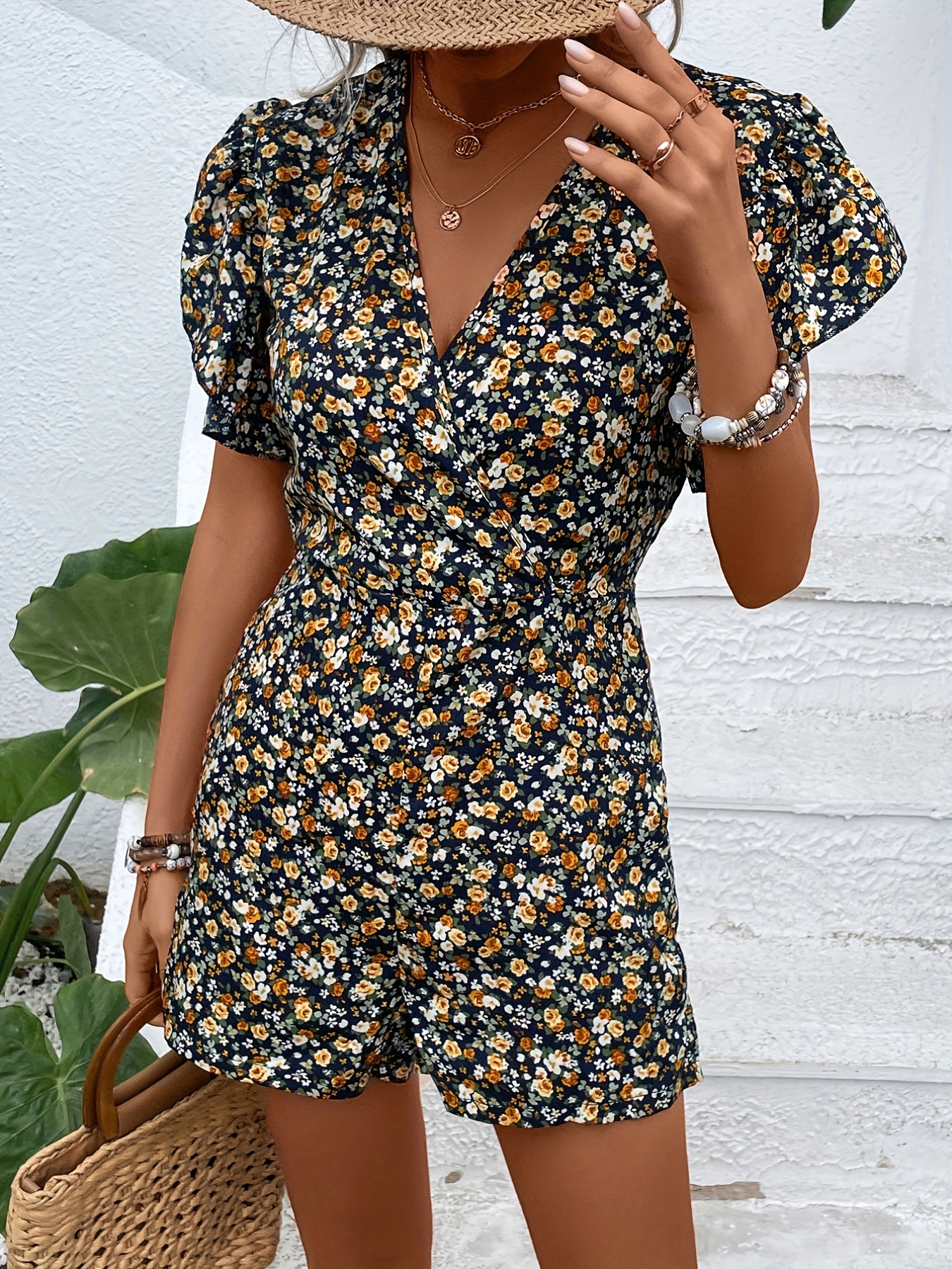 Womens Fashion Jumpsuits Summer Casual Ruffle Flounce Short Sleeve Belted  High Waist Tropical Print Jumpsuit Rompers