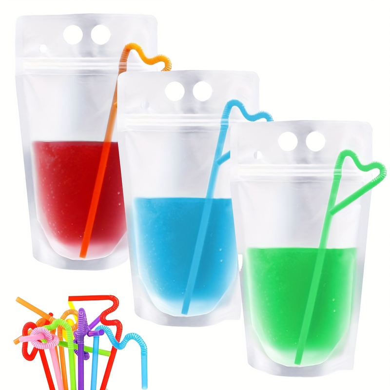 100 Pcs Drink Pouches Bags & Straws Kit Colorful Reusable Non