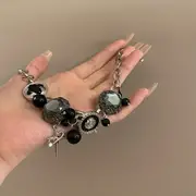 gothic style black rhinestones flower argyle round tag flower drip oil acrylic round beads necklace details 0