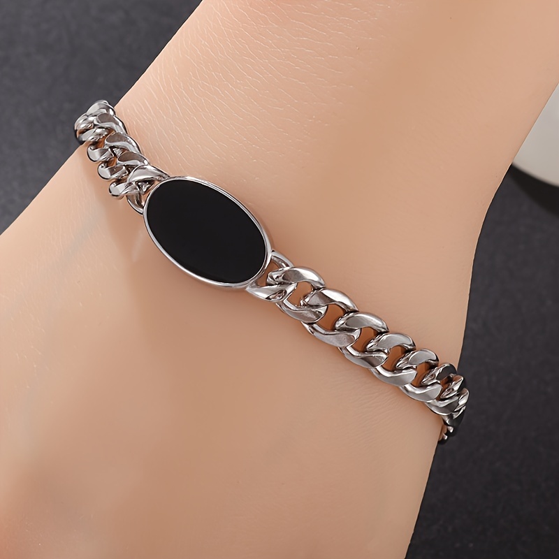 Image of Fashionable Cuban Chain Inlaid Black Oval Zirconia Stainless Steel Bracelet Women Charm Party Jewelry Gift