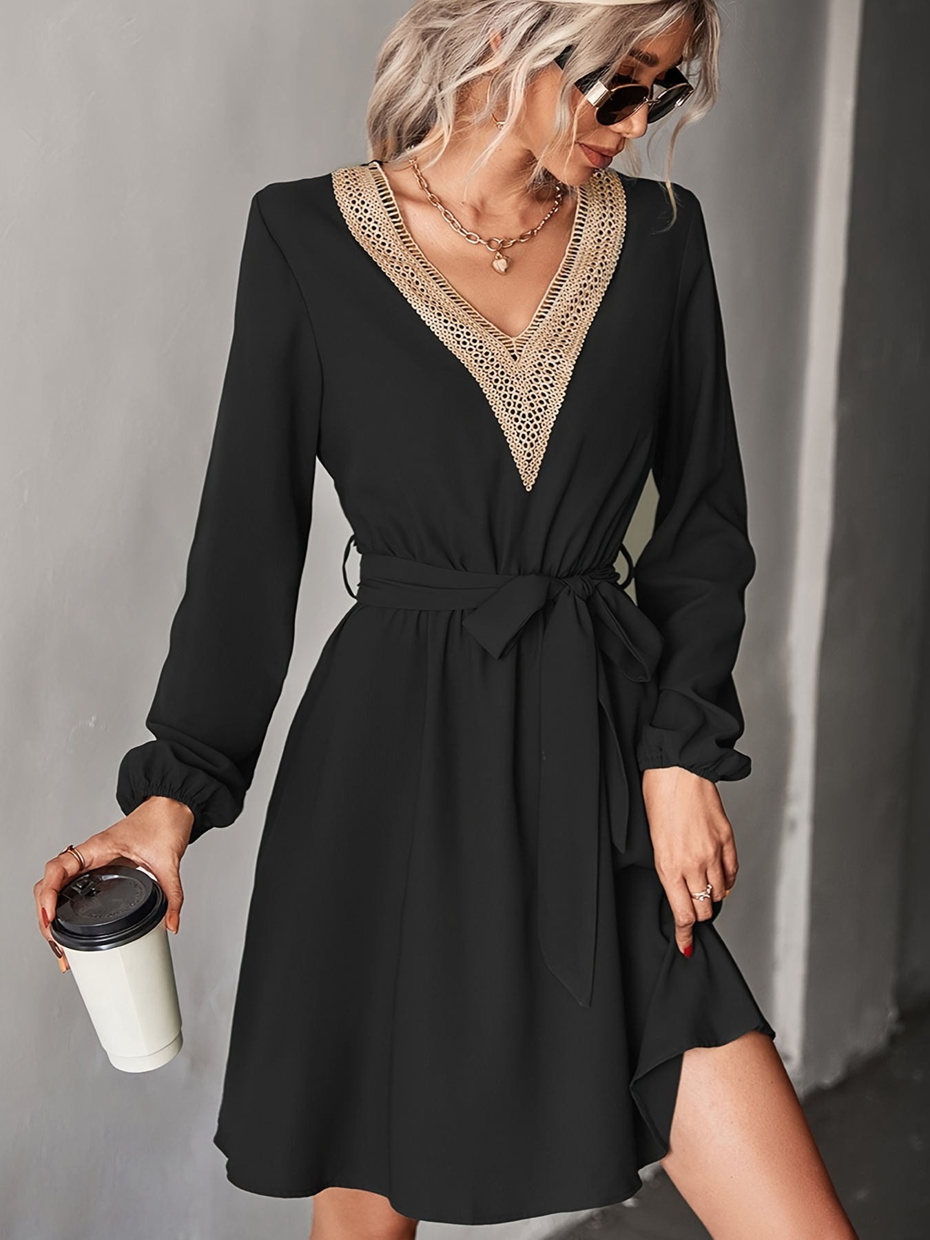 Women 3/4 Sleeve Shirt Dress Ladies Casual Lapel Neck Button Belt Lace Up  Sun Dress V Neck Solid Color Dresses