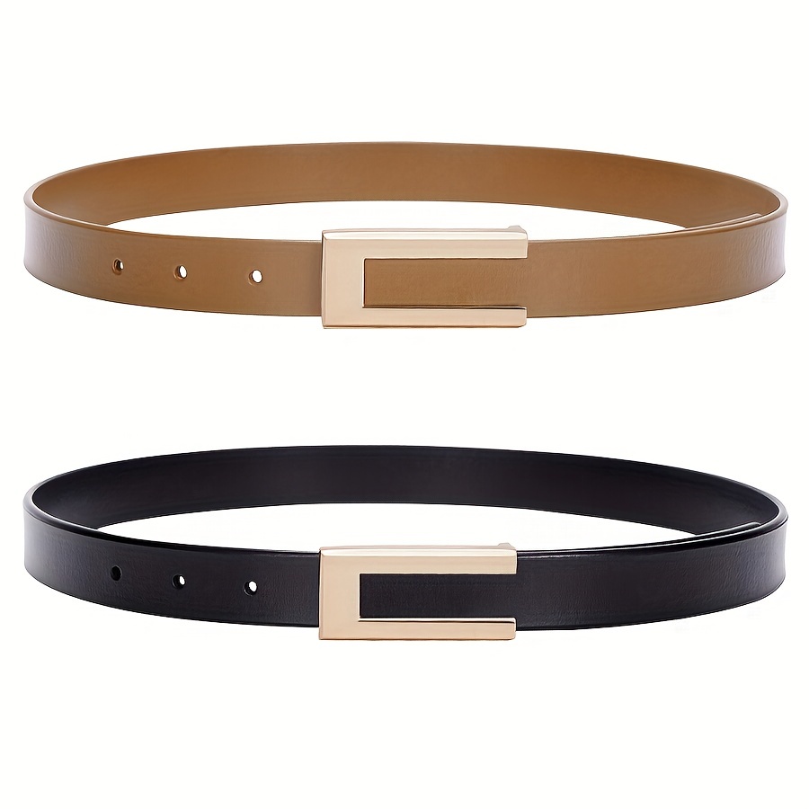 Golden Buckle Thin Belt Vintage Monochrome Genuine Leather - Temu