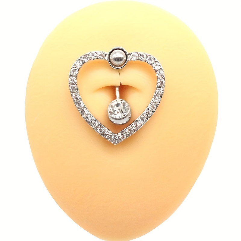 Hollow Out Love Heart Shape Belly Button Ring, Zircon Inlaid Navel Piercing