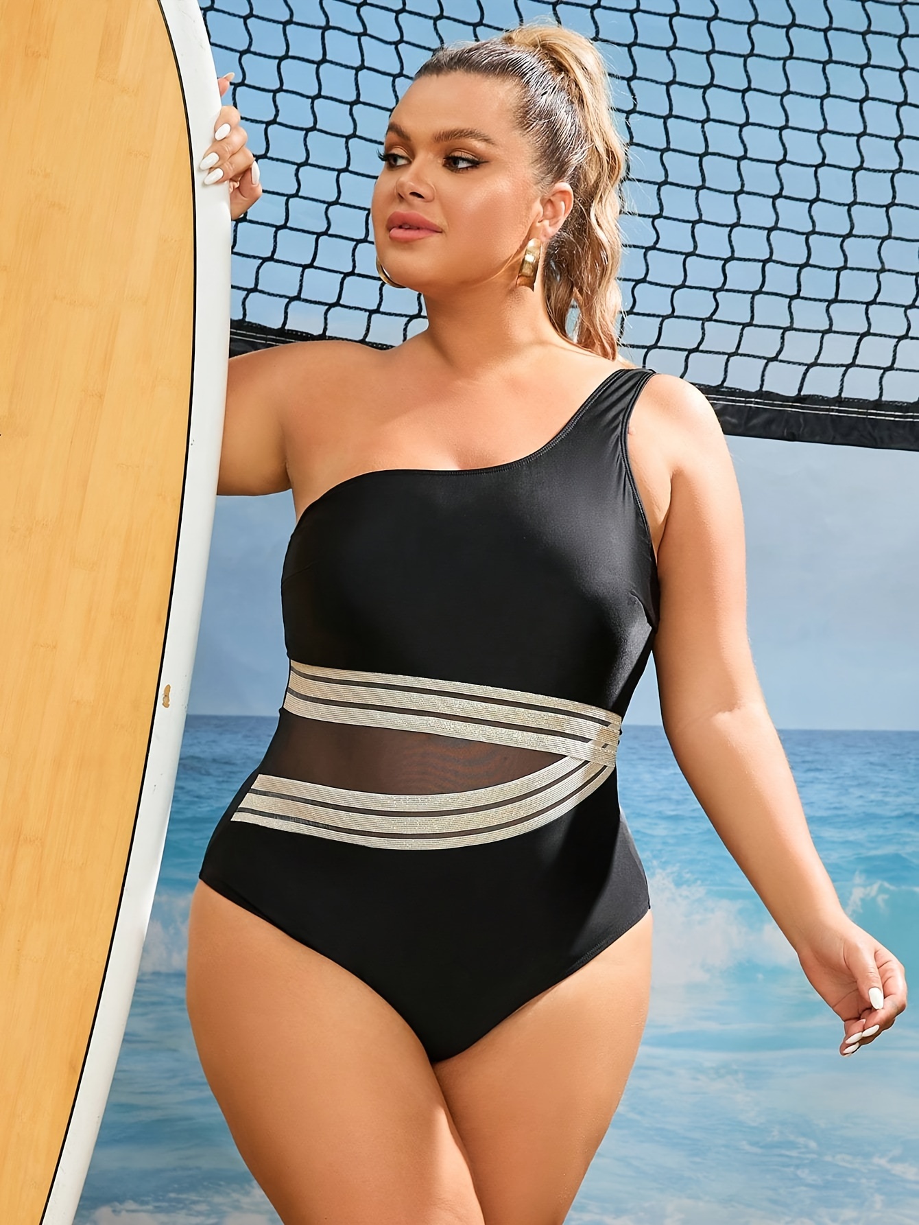 Plus Size Sexy Swimsuit Women's Plus Contrast Mesh One - Temu