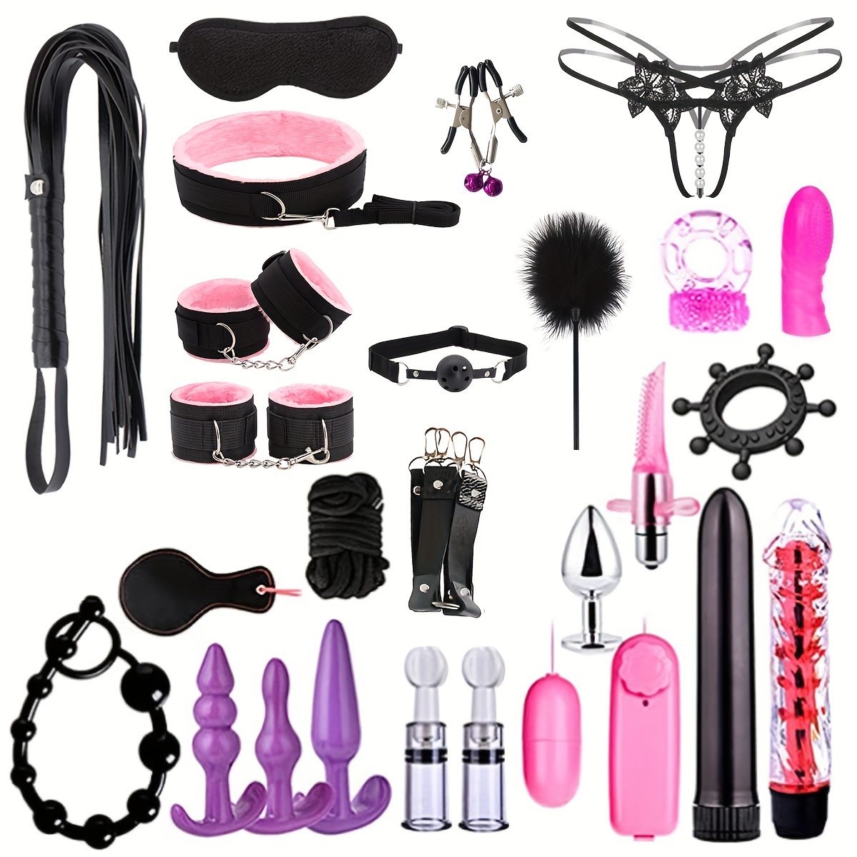 BDSM Bondage Set; Erotic Bed Games; Adults Handcuffs; Nipple Clamps; Whip  Spanking Anal Plug Vibrator SM Kit; Sex Toys For Couples