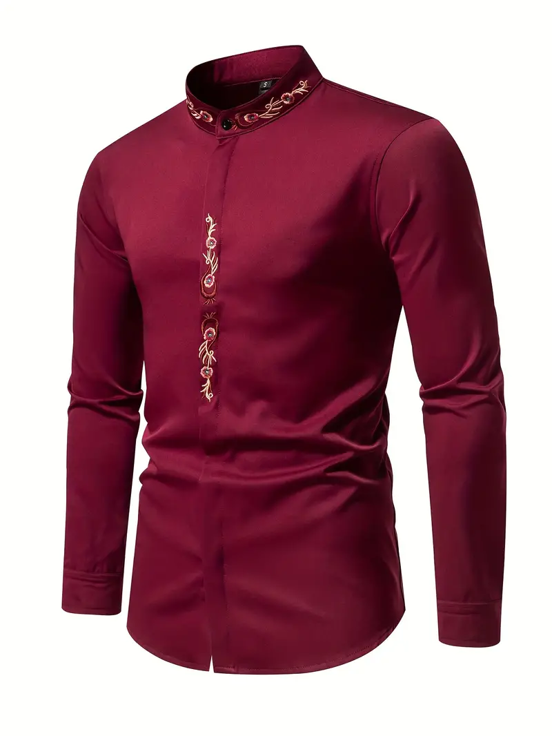 Men's Embroidered Long Sleeve Henley Shirt - Temu