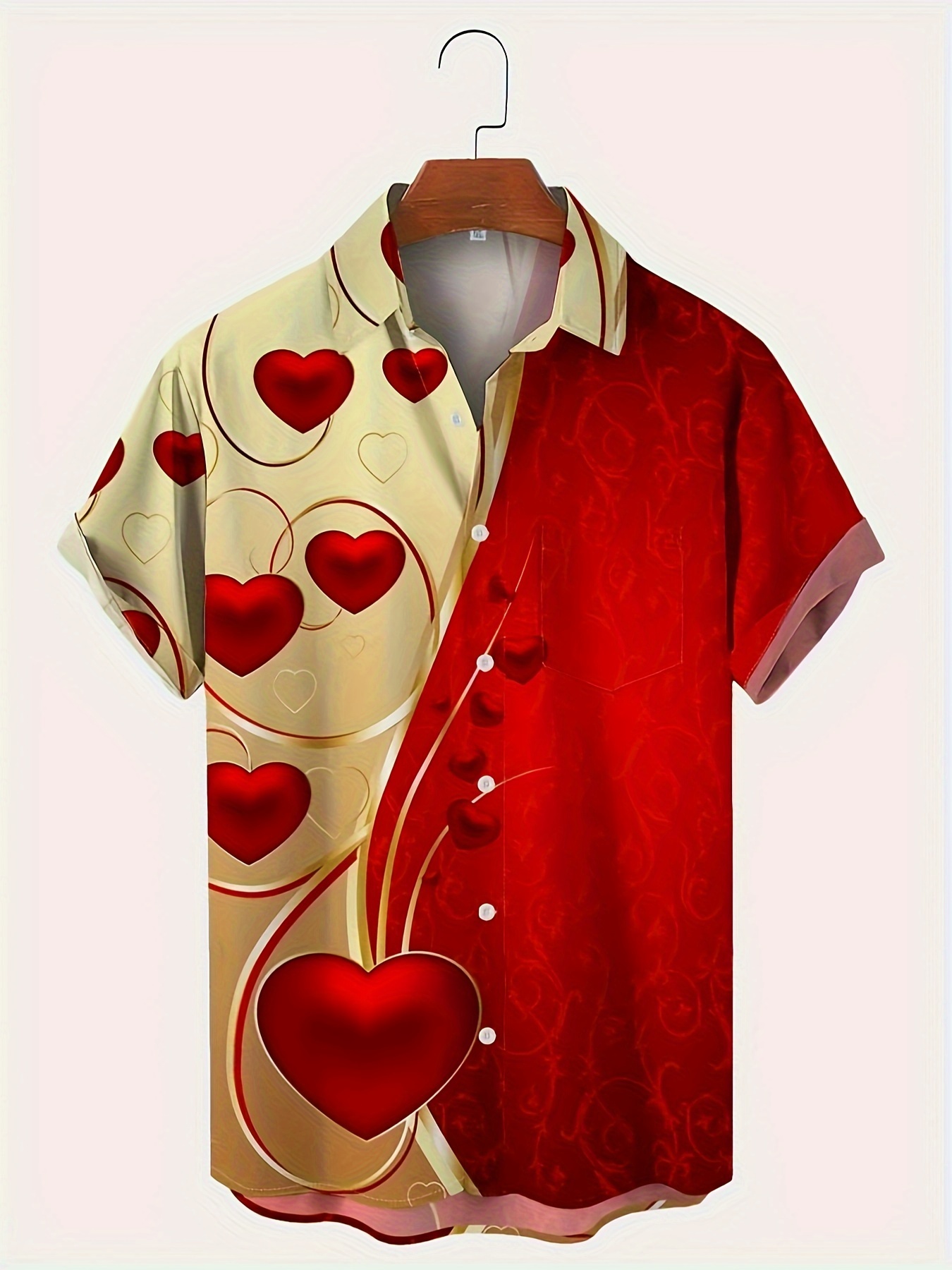 Stylish Red Hearts Print Men's Color Block Short Sleeve - Temu Ireland