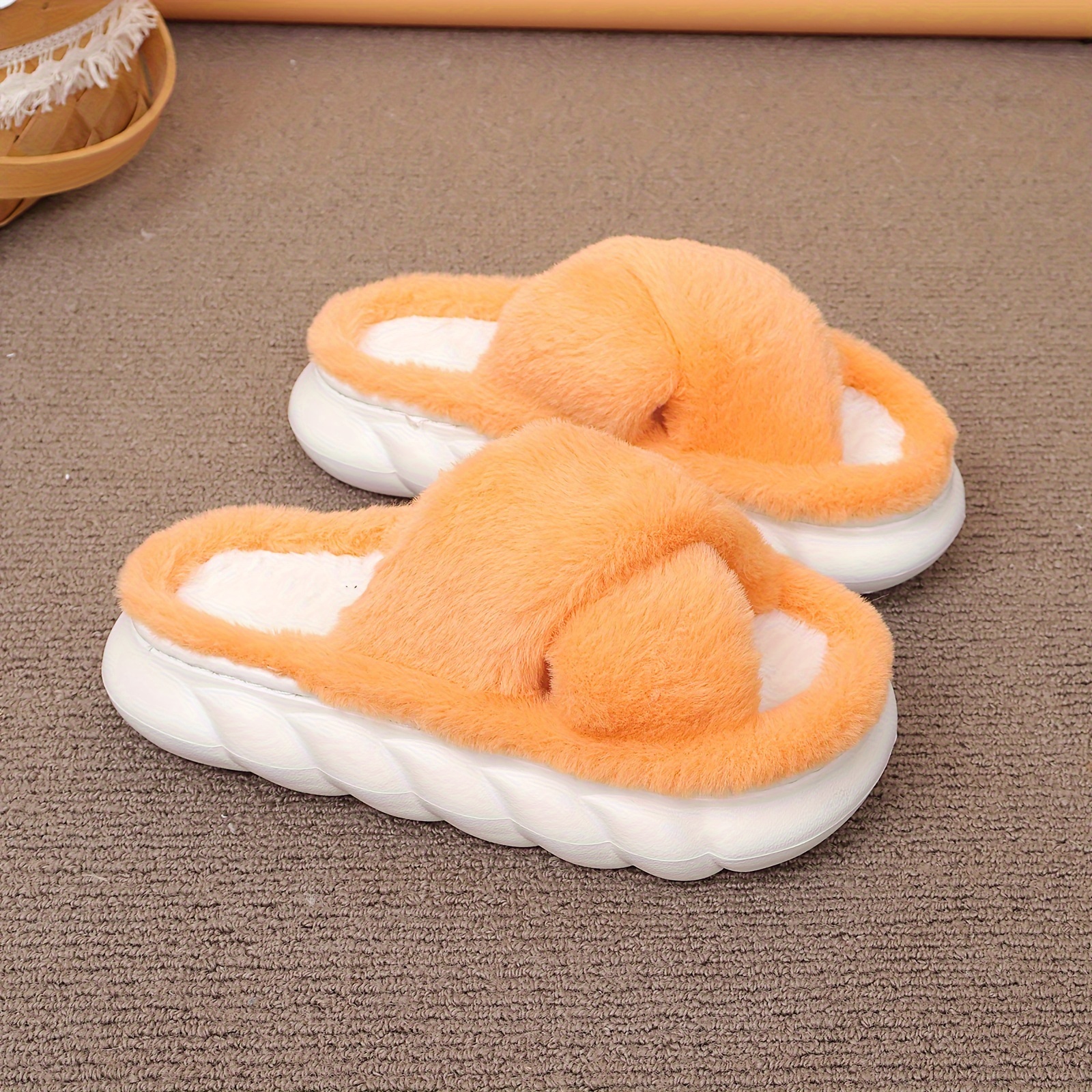 Women's Platform Fuzzy House Slippers, Open Toe Criss Cross Solid Color  Fluffy Home Slides, Cozy Indoor Plush Shoes - Temu