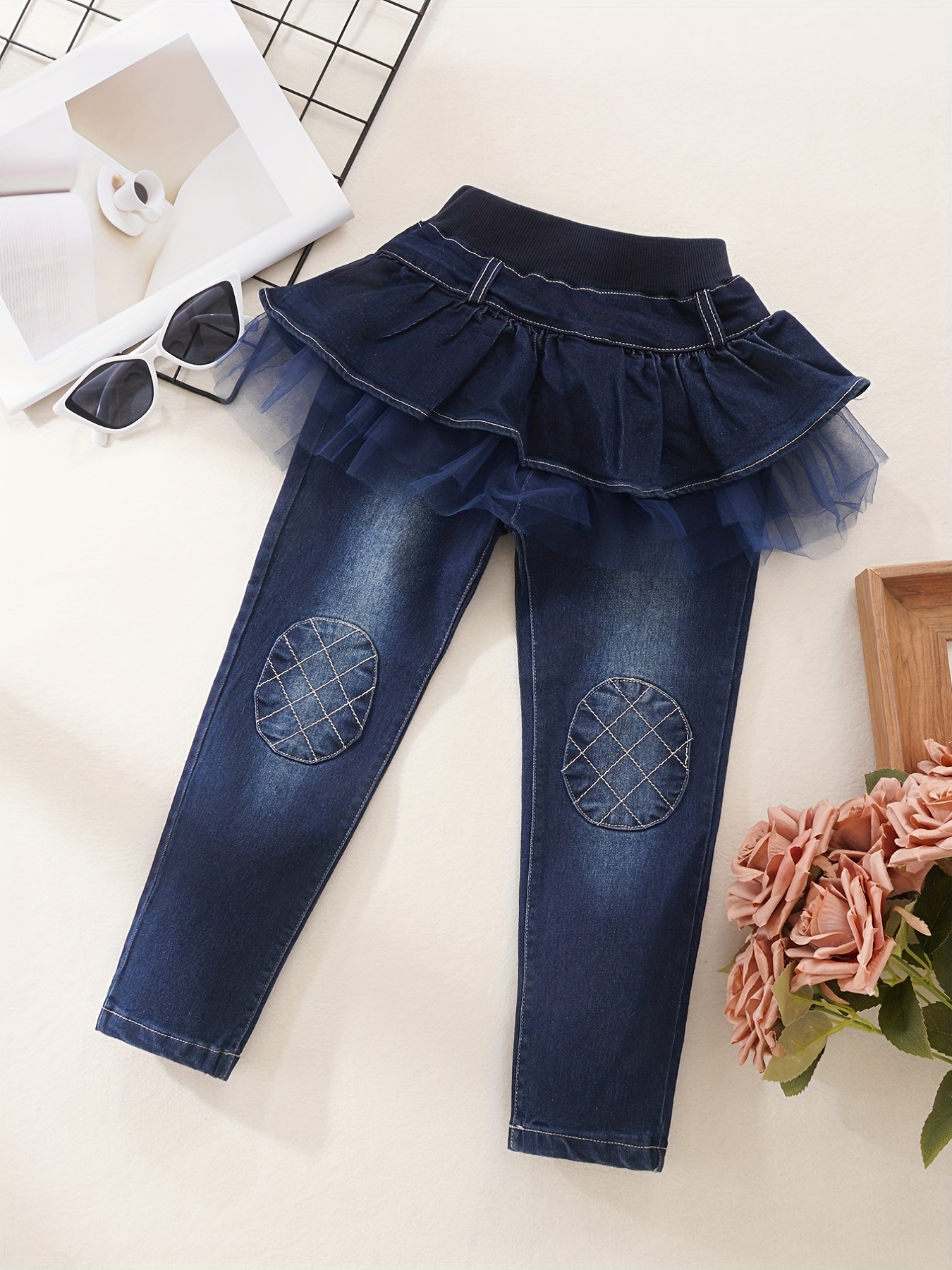 Women Plaid Bell Bottom Jeans High Waist Patchwork Flare Jeans Ruffle Hem  Denim Long Pants Trendy Trousers, Dark Blue, Small : : Clothing,  Shoes & Accessories