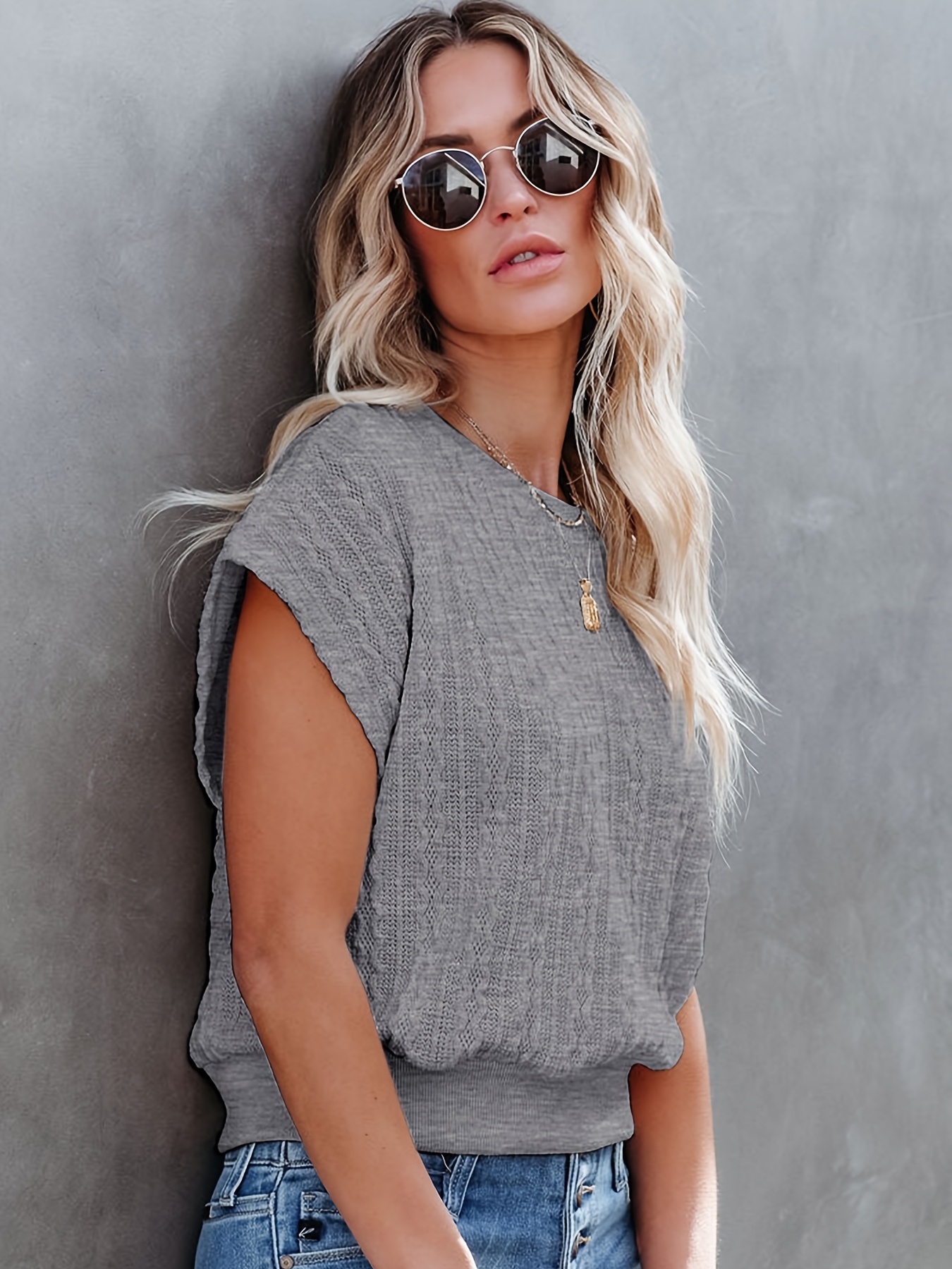 RQYYD Clearance Women's Summer Casual Crewneck Solid Color T Shirts Loose  Cap Sleeve Tee Tops Loose Fit Workout Blouses Dark Gray L 