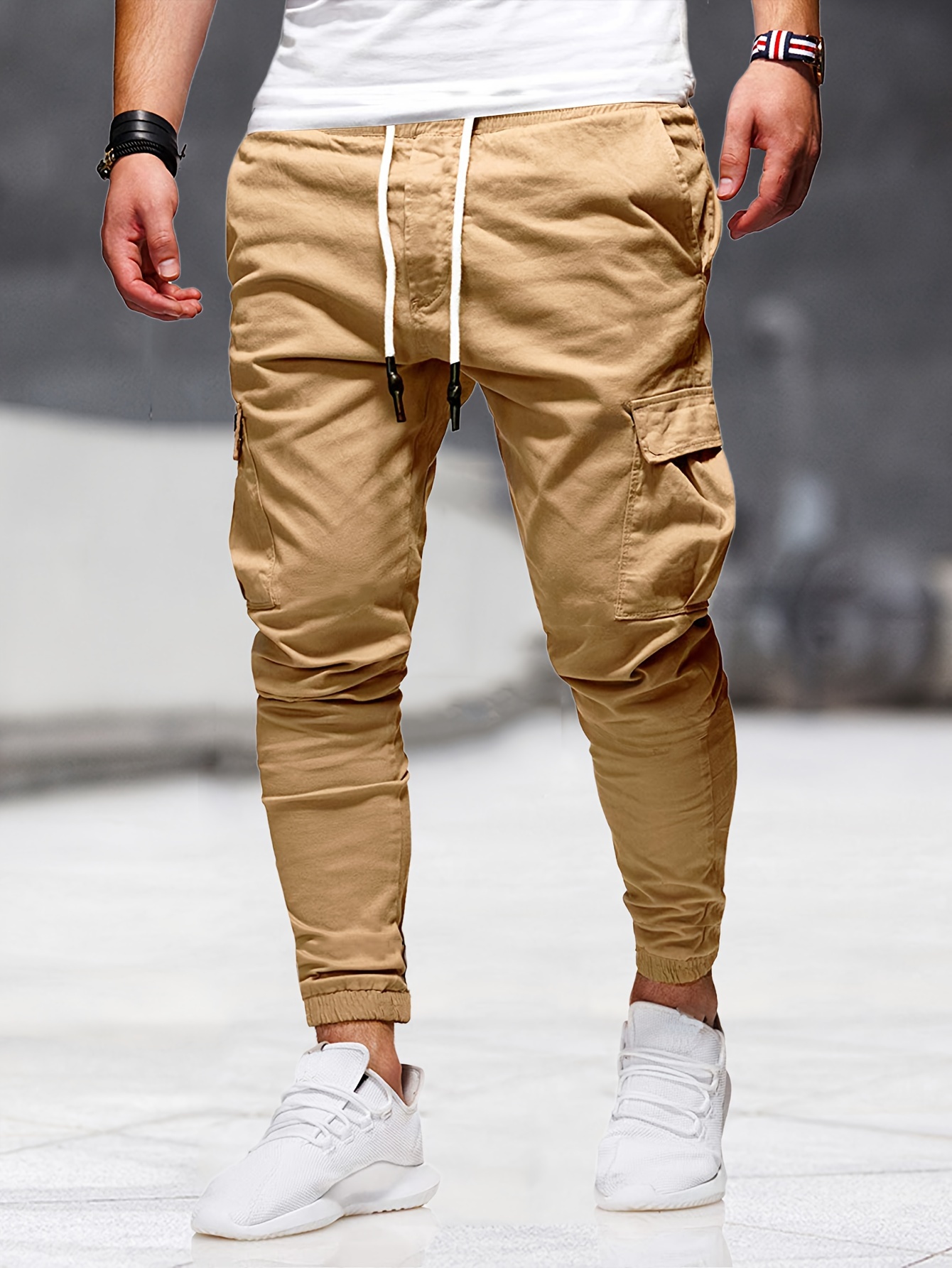 Trendy Solid Drawstring Cargo Pants Men's Multi Flap Pocket - Temu Canada