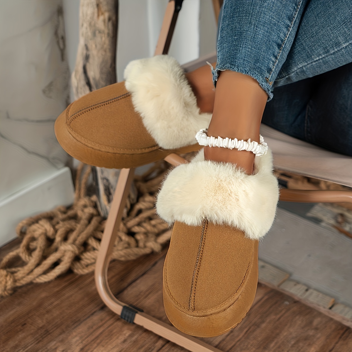 Women's Fluffy Ankle Snow Boots Slip On Platform Warm Slippers