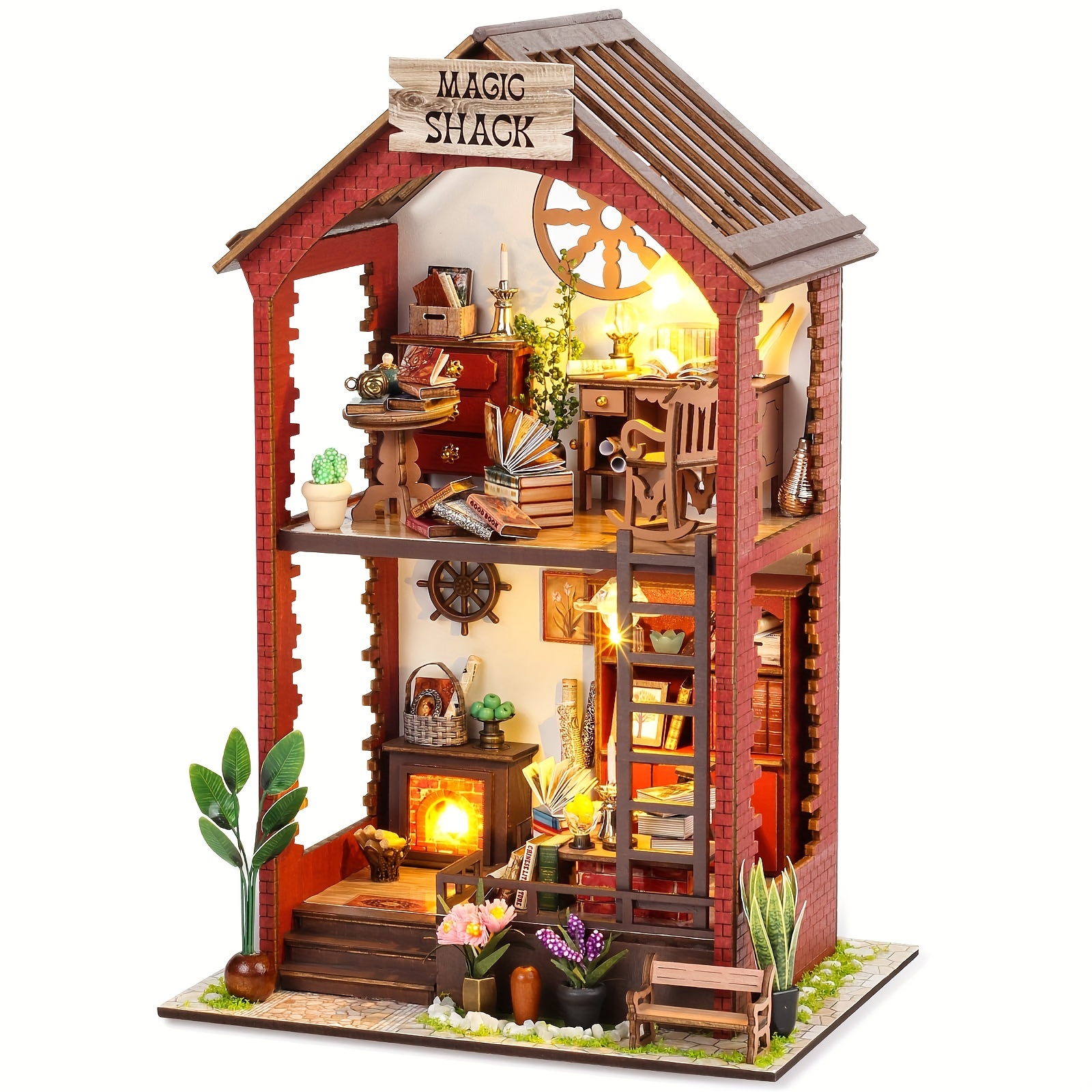 ROBOTIME DIY Book Nook Kit Insert Bookcase Book Stand 3D Wooden Puzzle DIY  Miniature House Wood Bookend Book Nook Model Building Kit with LED Light