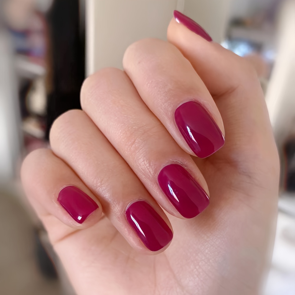 

24pcs Glossy Medium Square Fake Nails, Rose Red Full Cover Press On Nails, Solid Color False Nails For Women Girls - Fall Winter Nail Decoration