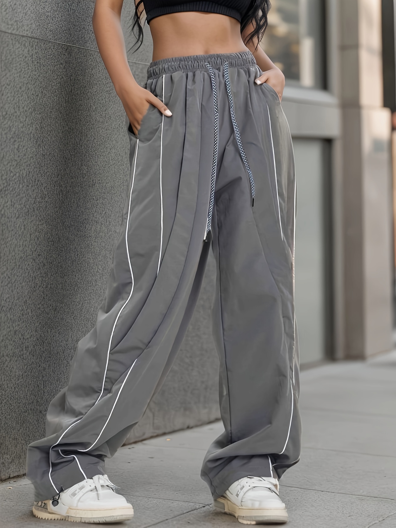 Loose Drawstring Side Pocket Sweatpants Contrast Color High - Temu