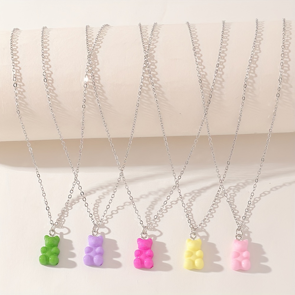 

5pcs/set Fresh And Lovely Resin Bear Pendant Necklace For Girls, 2 Styles