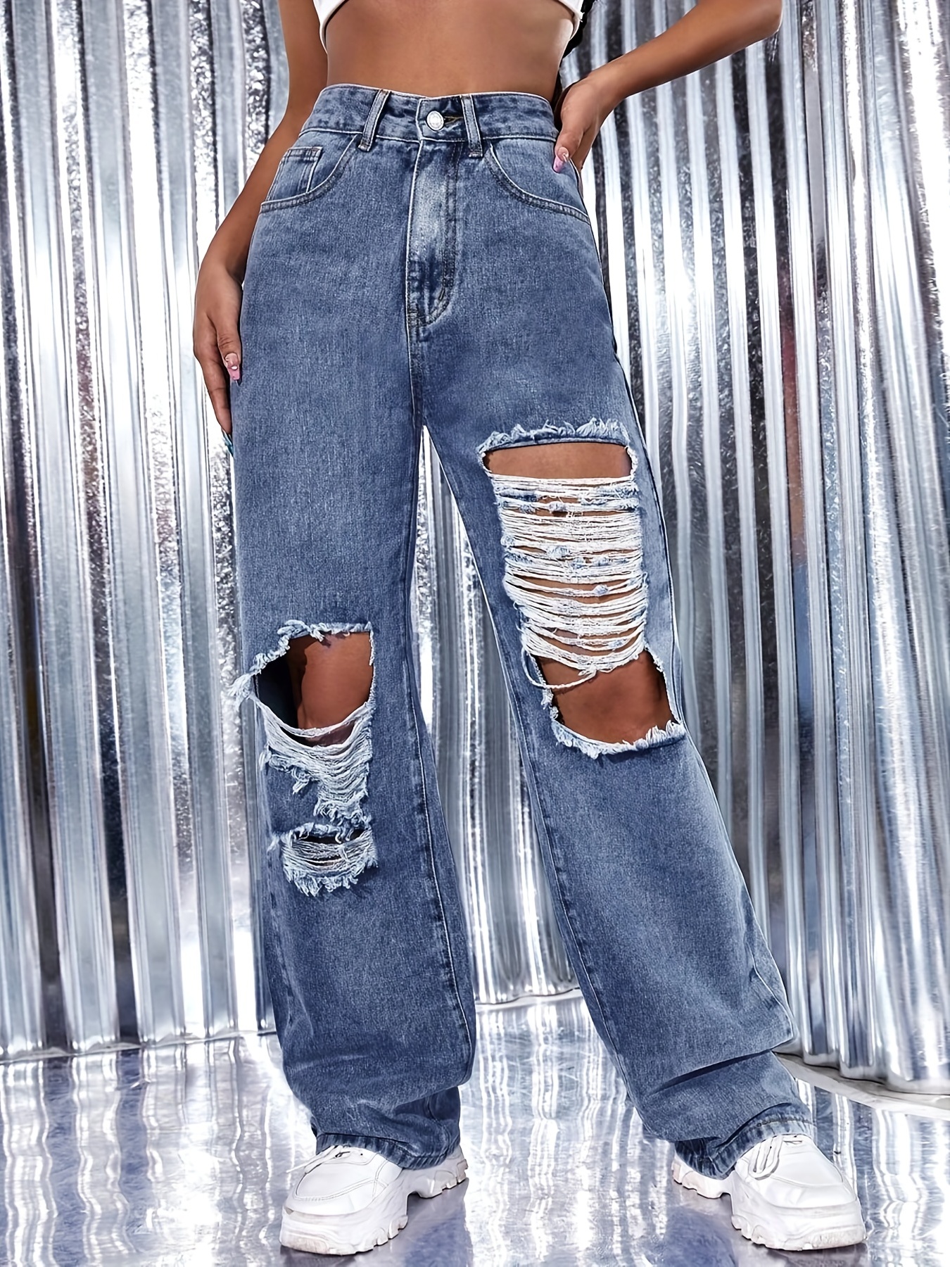 High Ripped Knee Stacked Jeans Straight Leg Loose Fit - Temu Canada