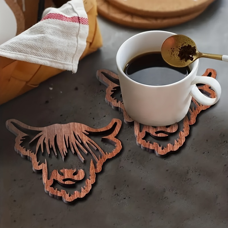 

1pc, Coaster, Highland Cow Shape Wooden Heat Insulation Mat, American Country Style Pot Mat, Washable Placemat, Anti-scalding Non-slip Table Mat, Kitchen Supplies, Room Decor